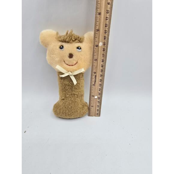 Stahlwood Brown Tan Teddy Bear Baby Rattle Yellow Satin Bow 7" VTG Plush Toy - Picture 2 of 5
